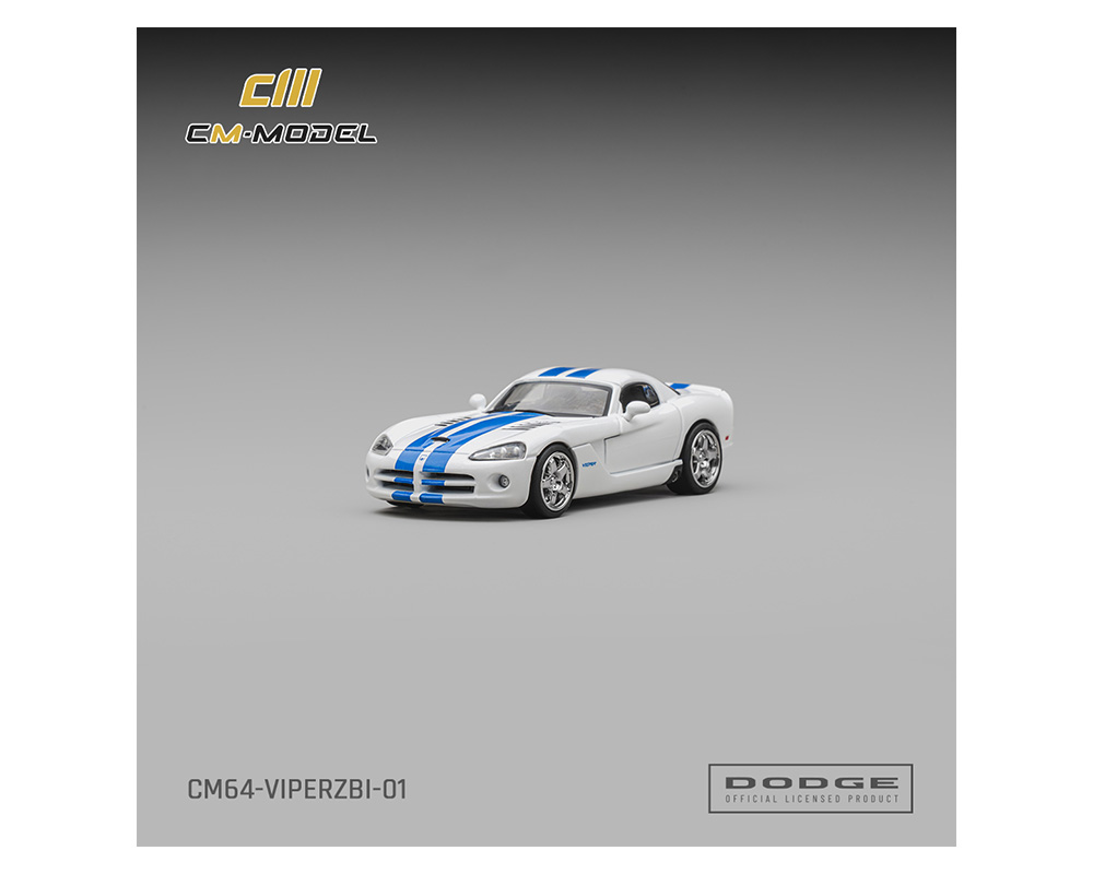 Preorder - CM Model 1:64 Dodge Viper ZBI Stone White Blue Racing Stripes New Tooling Officially Licensed Limited Edition Diecast Scale Model CM64-VIPERZBI-01