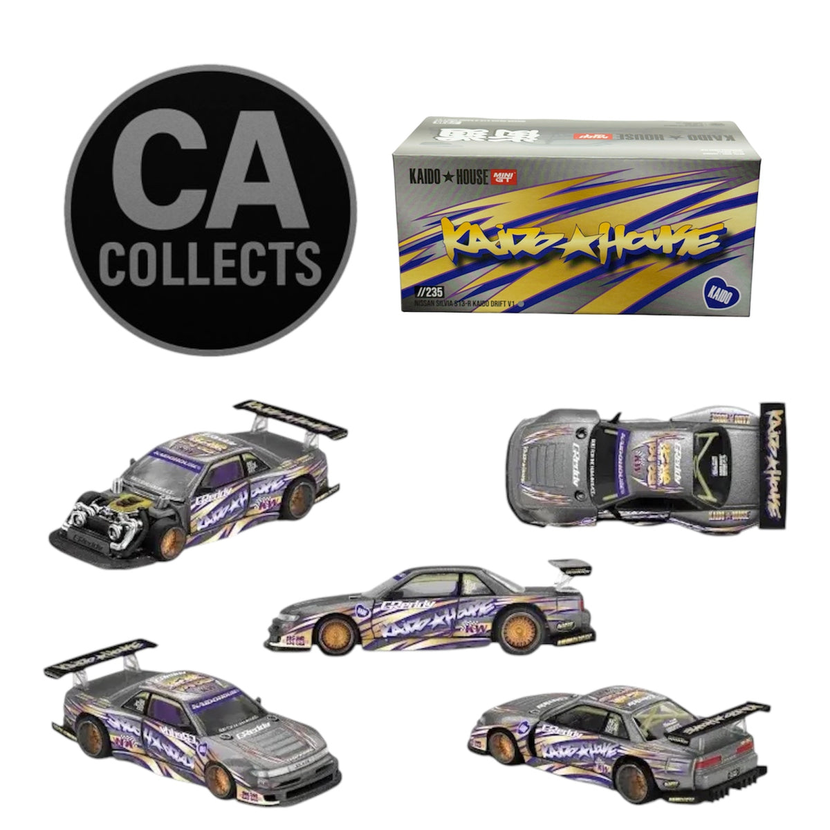 Kaido House x Mini GT 1:64 Nissan Silvia S13-R Kaido Drift V1 Greddy Gunmetal Gray Diecast Scale Model KHMG235 Sealed