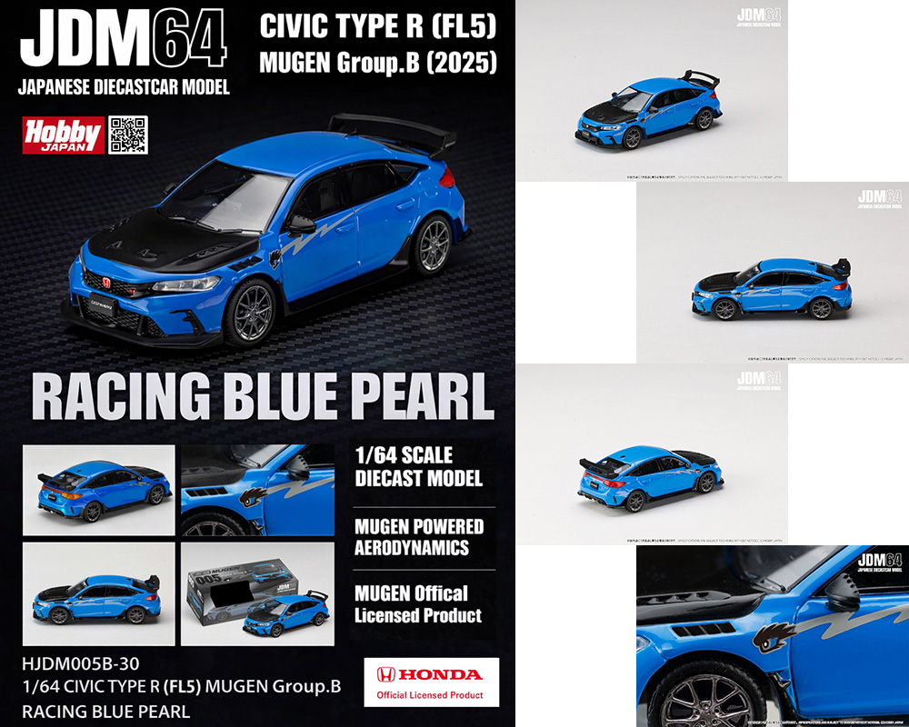 Hobby Japan 1:64 Honda Civic Type R FL5 MUGEN Group B 2024 Racing Blue Pearl Diecast Scale Model HJDM005B - Preorder