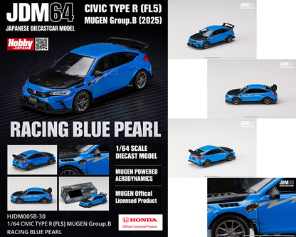 Hobby Japan 1:64 Honda Civic Type R FL5 MUGEN Group B 2024 Racing Blue Pearl Diecast Scale Model HJDM005B - Preorder