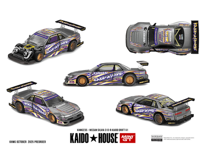 Kaido House x Mini GT 1:64 Nissan Silvia S13-R Kaido Drift V1 Greddy Gunmetal Gray Diecast Scale Model KHMG235 - Preorder