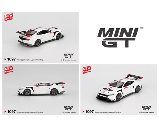 Mini GT model car packaging with a white sports car on a light gray background