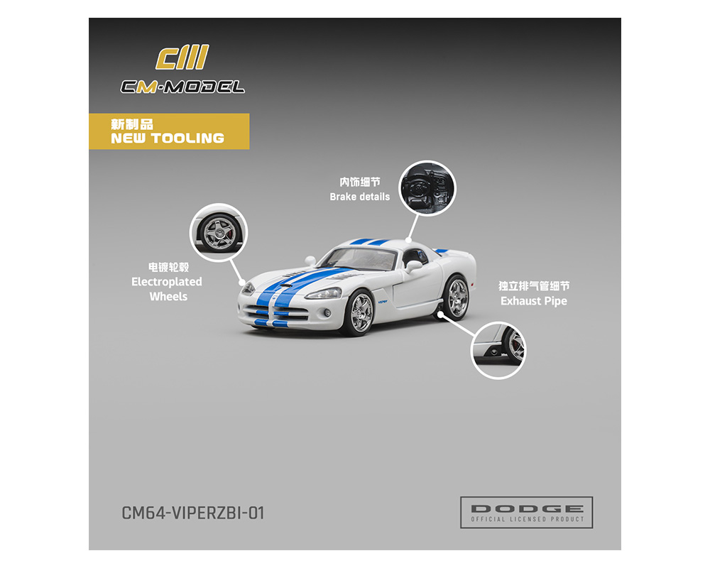 Preorder - CM Model 1:64 Dodge Viper ZBI Stone White Blue Racing Stripes New Tooling Officially Licensed Limited Edition Diecast Scale Model CM64-VIPERZBI-01