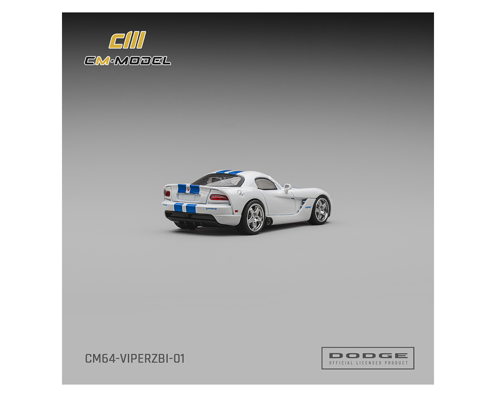 Preorder - CM Model 1:64 Dodge Viper ZBI Stone White Blue Racing Stripes New Tooling Officially Licensed Limited Edition Diecast Scale Model CM64-VIPERZBI-01