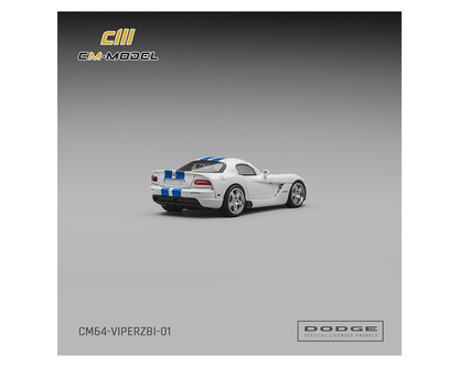 Preorder - CM Model 1:64 Dodge Viper ZBI Stone White Blue Racing Stripes New Tooling Officially Licensed Limited Edition Diecast Scale Model CM64-VIPERZBI-01