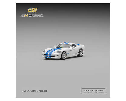 Preorder - CM Model 1:64 Dodge Viper ZBI Stone White Blue Racing Stripes New Tooling Officially Licensed Limited Edition Diecast Scale Model CM64-VIPERZBI-01